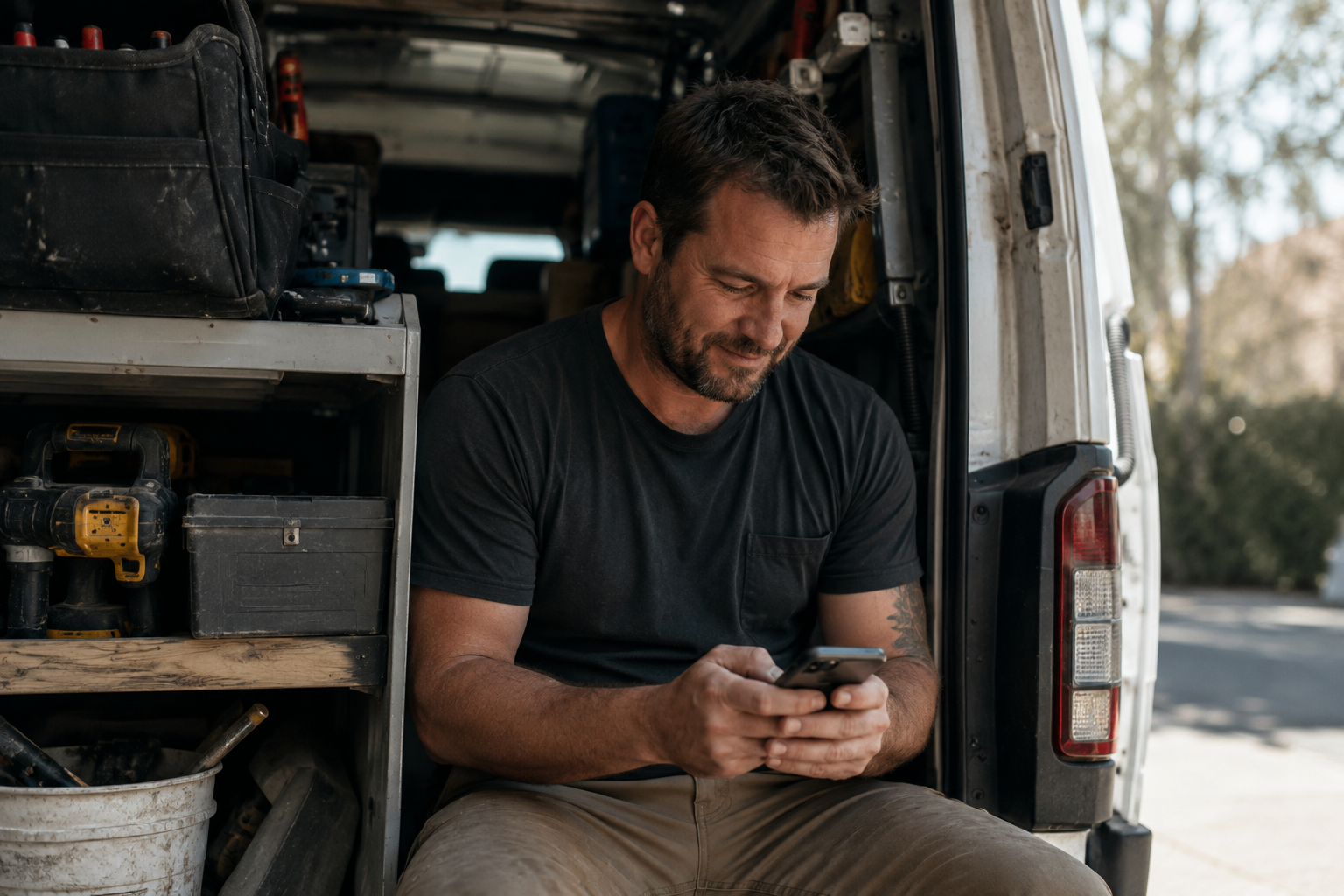 Tradie checking his phone in the back of his work van
